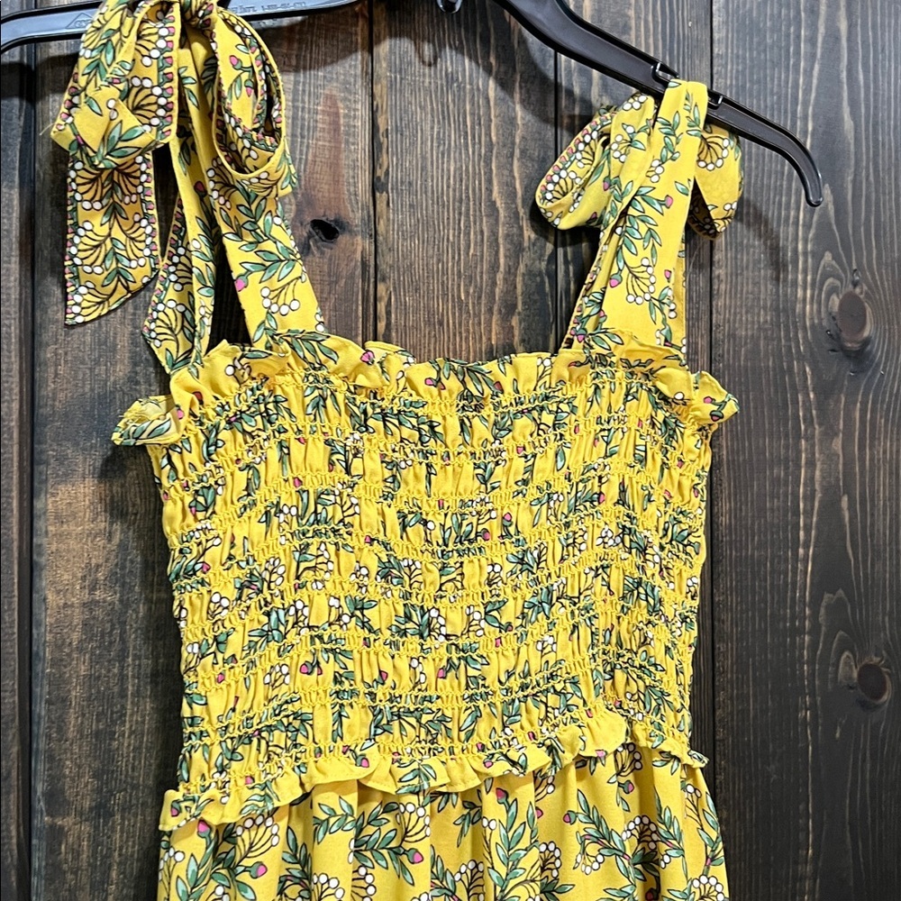 Boho Yellow Floral Tiered Maxi Dress M Smocked Flowy Romantic Euro Summer Chic - Picture 9 of 14
